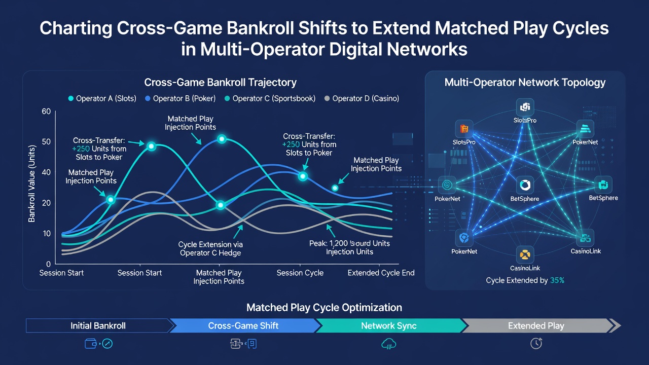 Diagram of interconnected casino platforms showing bankroll flow between slots, tables, and poker rooms