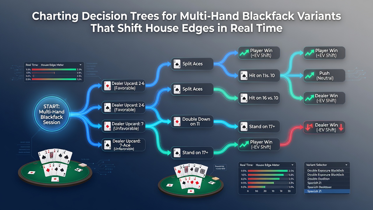 Live interface screenshot showing multi-hand blackjack table with overlaid decision tree recommendations adapting to changing house edge