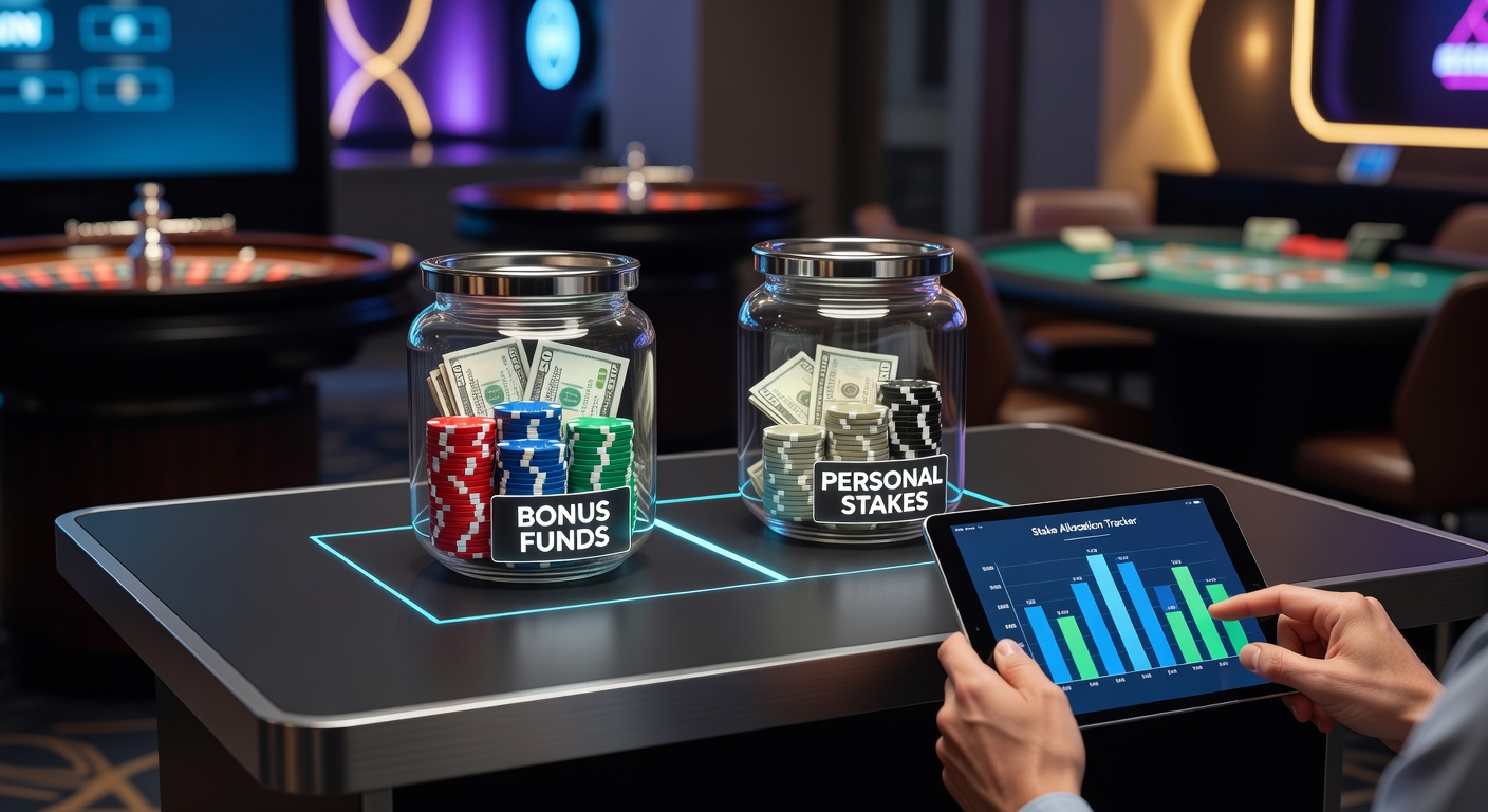 Player at a digital casino interface dividing screen between bonus wagering tracker and personal bankroll display, highlighting real-time separation