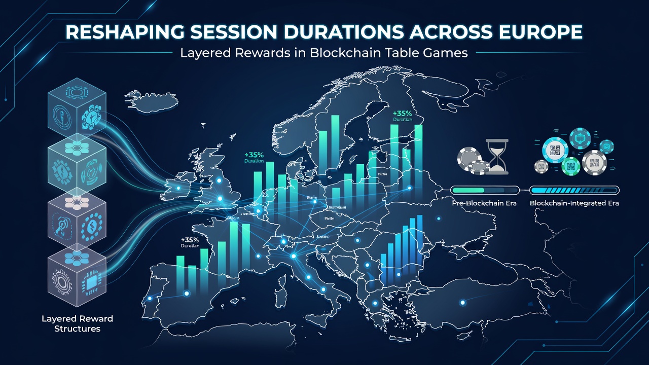 European market data visualization of extended session durations linked to layered blockchain rewards in table games