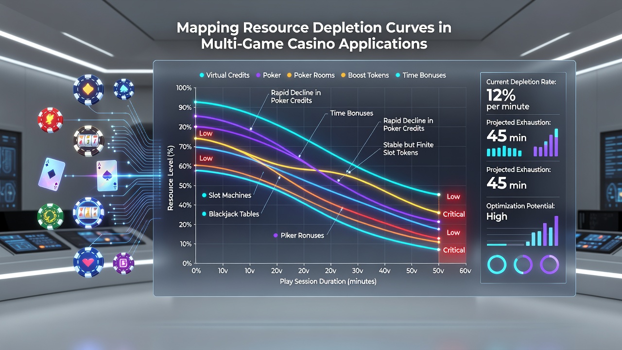 Detailed chart showing overlapping depletion curves for slots, blackjack, and roulette within one extended mobile casino session