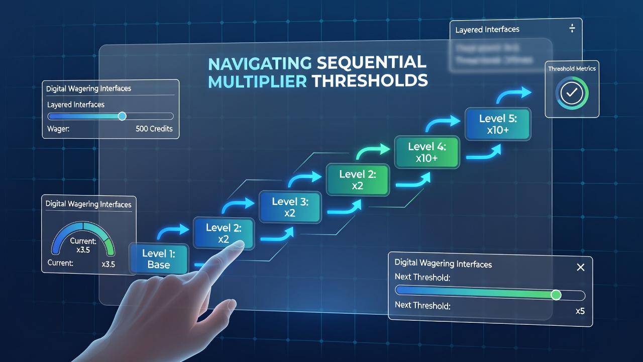 Close-up view of layered digital interface showing multiplier progression and threshold markers