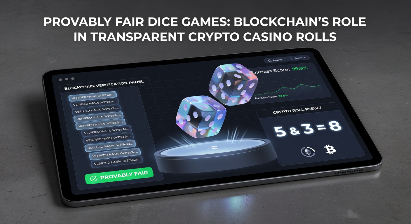Close-up of a cryptographic hash chain linking dice outcomes on a glowing blockchain network, highlighting verification tools