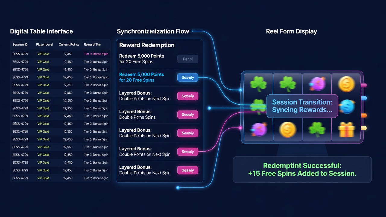 Backend dashboard view illustrating reward synchronization across table and reel game sessions