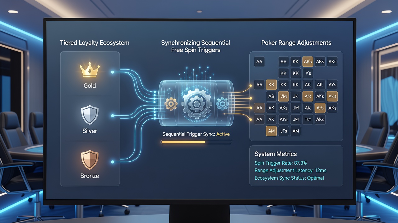 Flowchart illustrating synchronization between free spin triggers and poker range adjustments in tiered loyalty systems