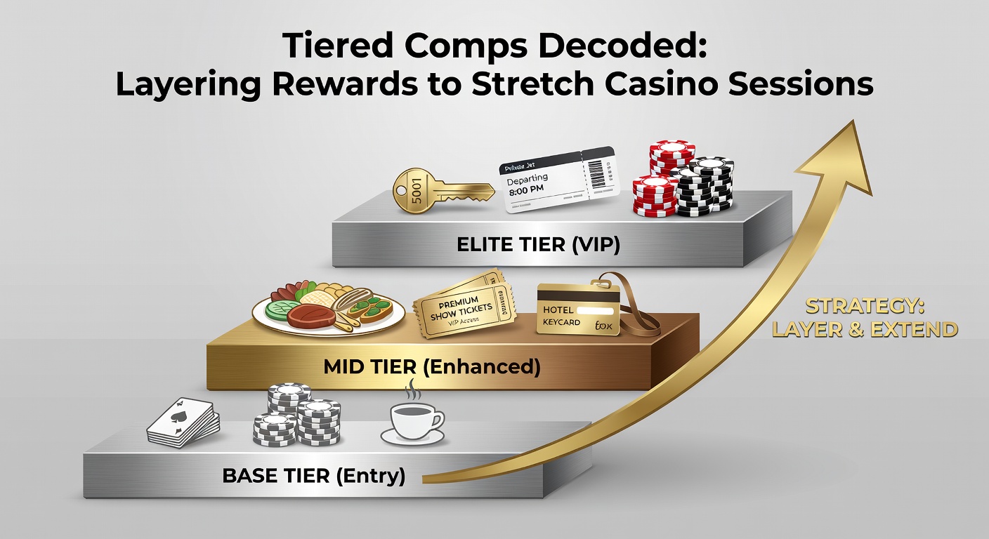 Infographic depicting reward layering with icons overlapping: hotel keys on cash stacks, meal vouchers beside slot machines, and extending timelines for casino sessions
