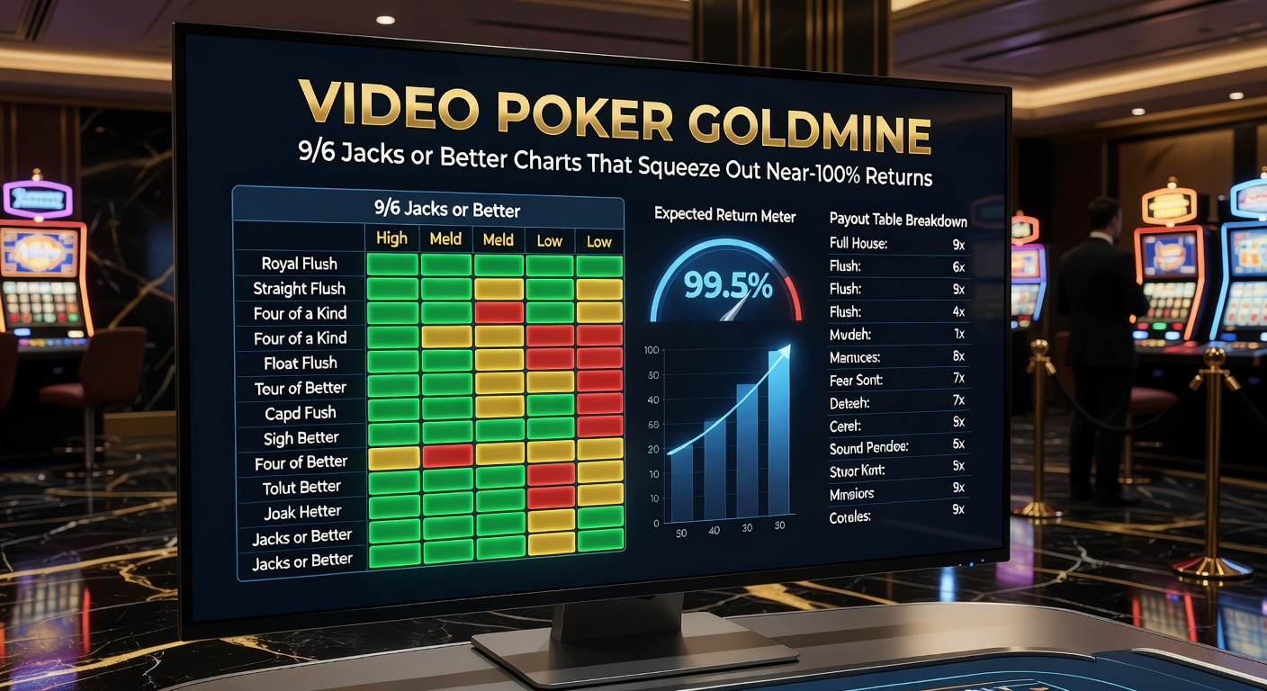 Detailed strategy chart for 9/6 Jacks or Better video poker, showing hand hierarchies from royal flush down to low pairs